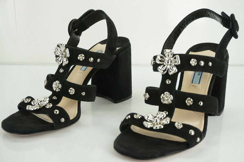 Prada Black Suede Silver Flower Studded Caged Strappy Sandals